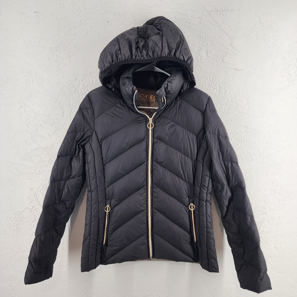 Michael Kors Black Packable Down Puffer Hooded Jacket Chevron Quilted Womens S